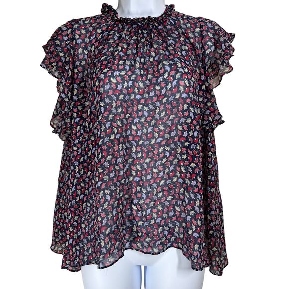 Shoshanna Juniper Floral Mock Neck Flutter Sleeve 100% Silk Top‎ Women's Large - Picture 1 of 7